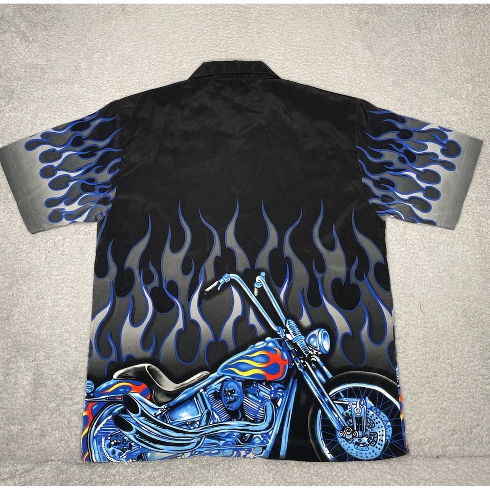 Dragonfly Button Up Shirt Mens Large Blue Motorcycle Camp Flames Biker Rider - Picture 4 of 11